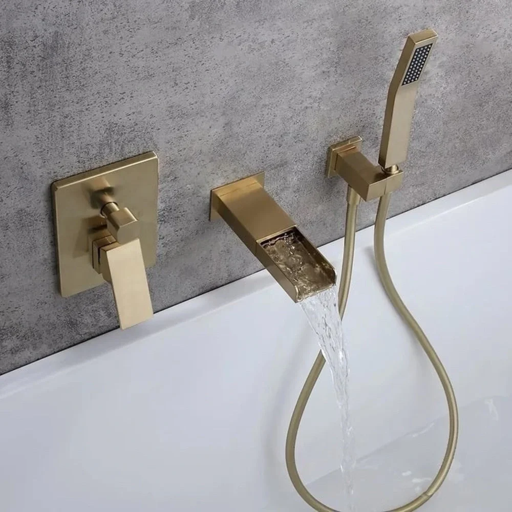 Modern Waterfall Wall-Mount Solid Brass Bathtub Faucet With‎ Handheld Shower